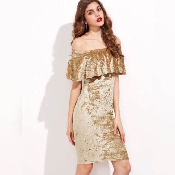 ✨Gold Off The Shoulder Crushed Velvet Ruffle Dress - Picture 2 of 4
